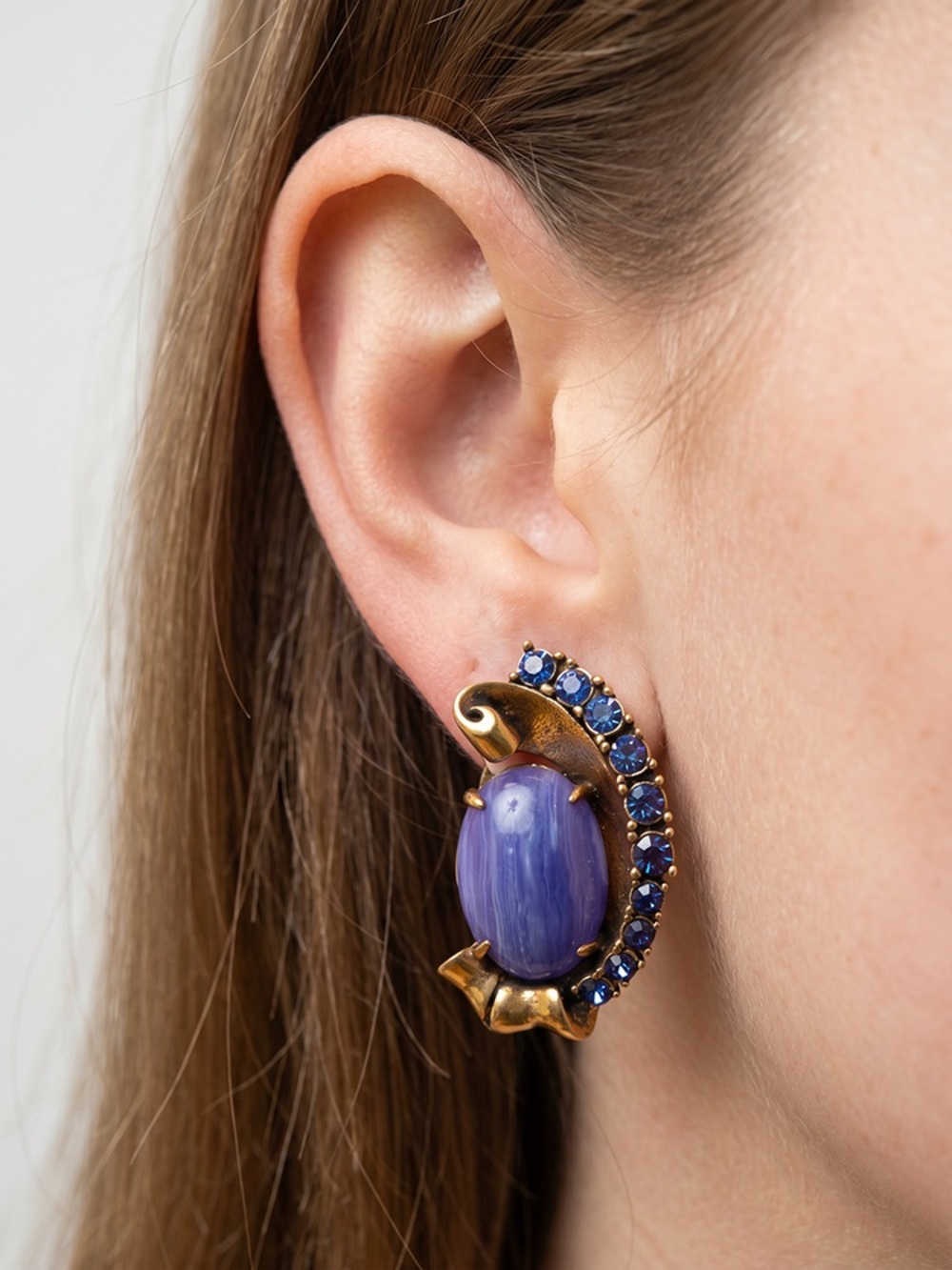 Gold-Tone Blue Cabochon and Crystal Stud Earrings 925s silver posts